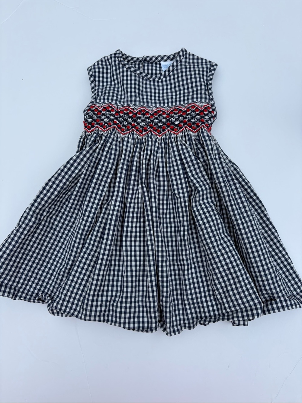 Edgehill Collection Navy & White Gingham Dress with Red Smocked Accent